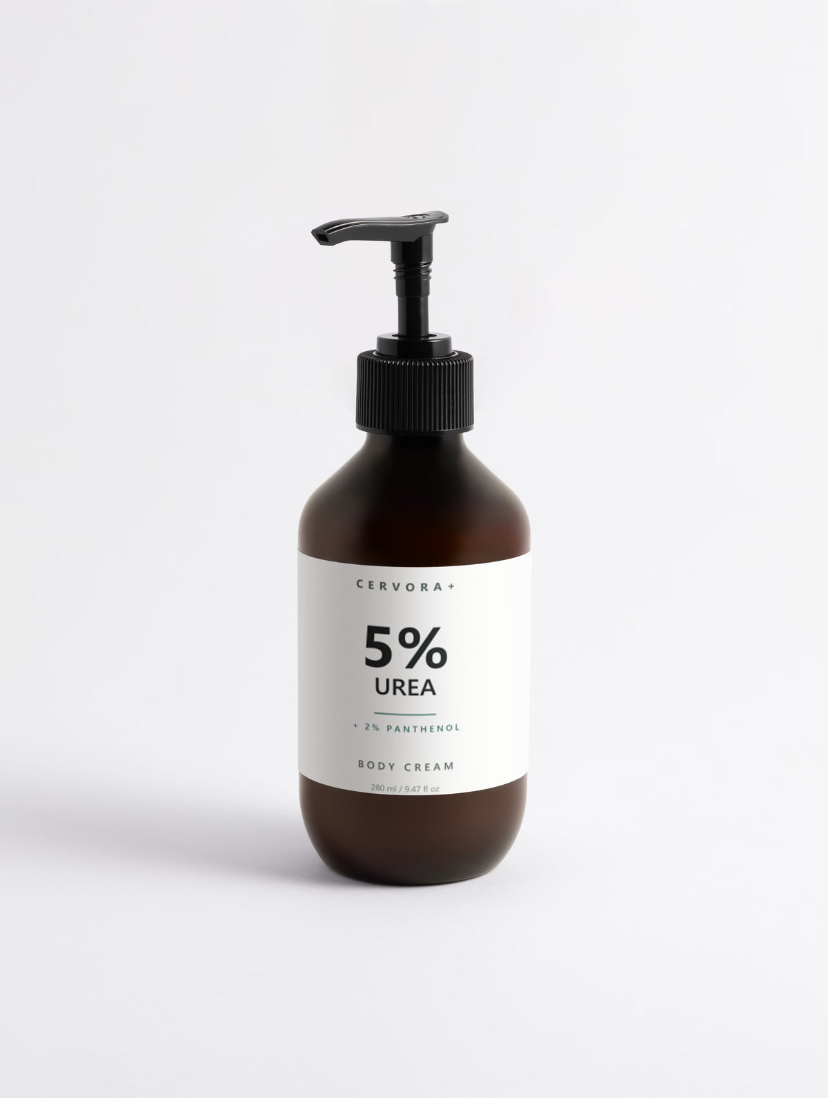 Cervora 5% Urea Body Cream, 280 ml amber pump bottle, front label reading 5% Urea with 2% Panthenol