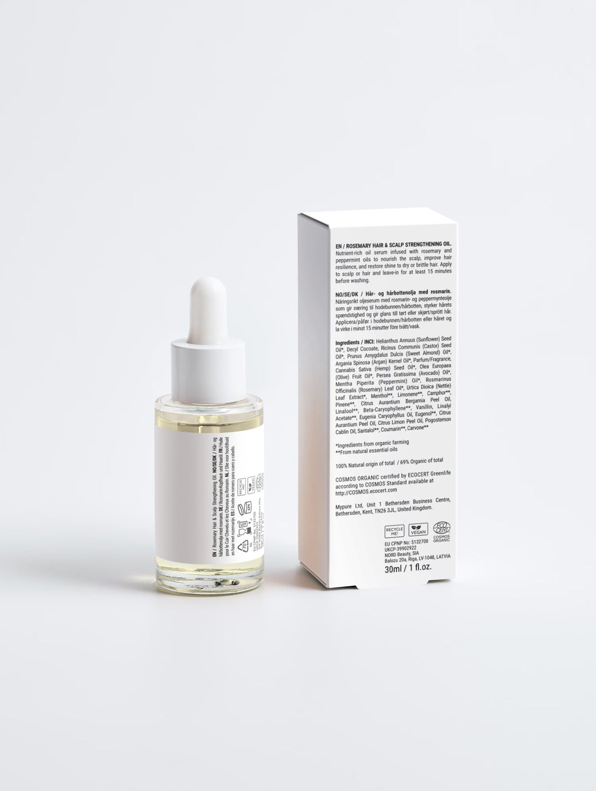 Cervora Rosemary Scalp Strengthening Oil box back, showing full ingredient list and manufacturer details