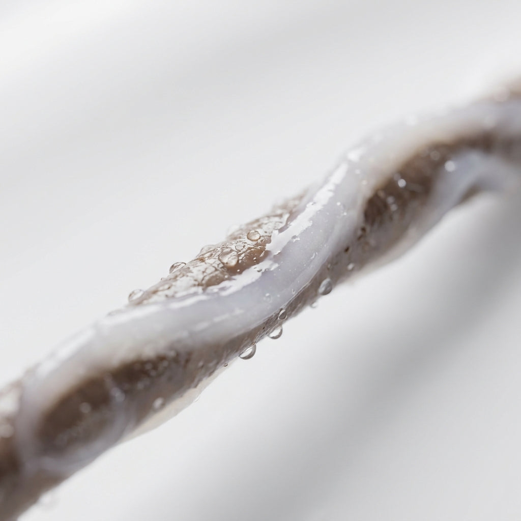 Macro close-up of a strand of hair coated in the hair mask, with water droplets