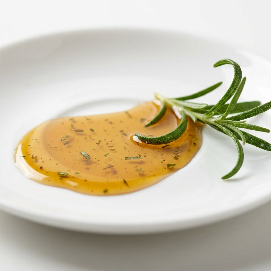 Macro close-up of golden rosemary hair oil pooling beside a fresh rosemary sprig