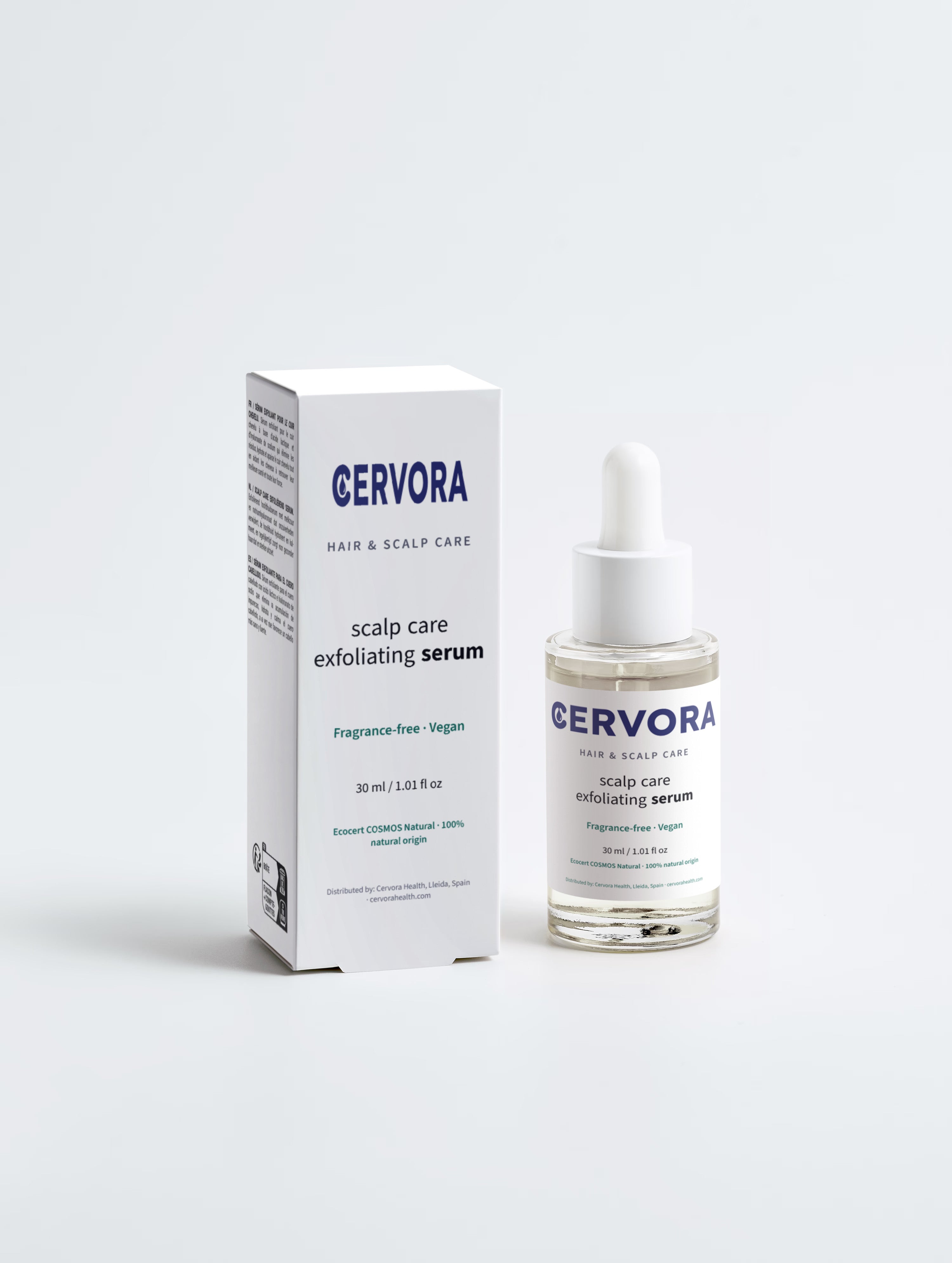 Cervora Scalp Care Exfoliating Serum, box and dropper bottle