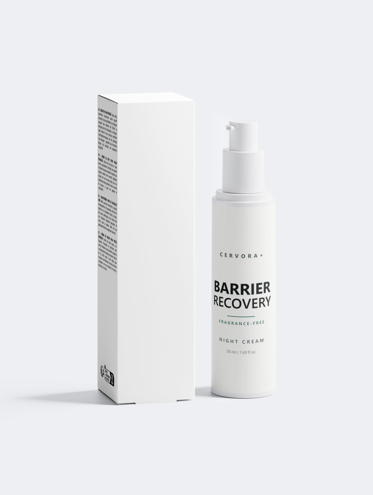 Cervora Barrier Recovery Night Cream, 50 ml white airless pump bottle standing beside its white carton