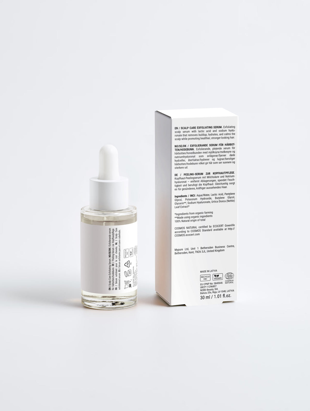 Cervora Scalp Care Exfoliating Serum box back, showing full ingredient list and manufacturer details