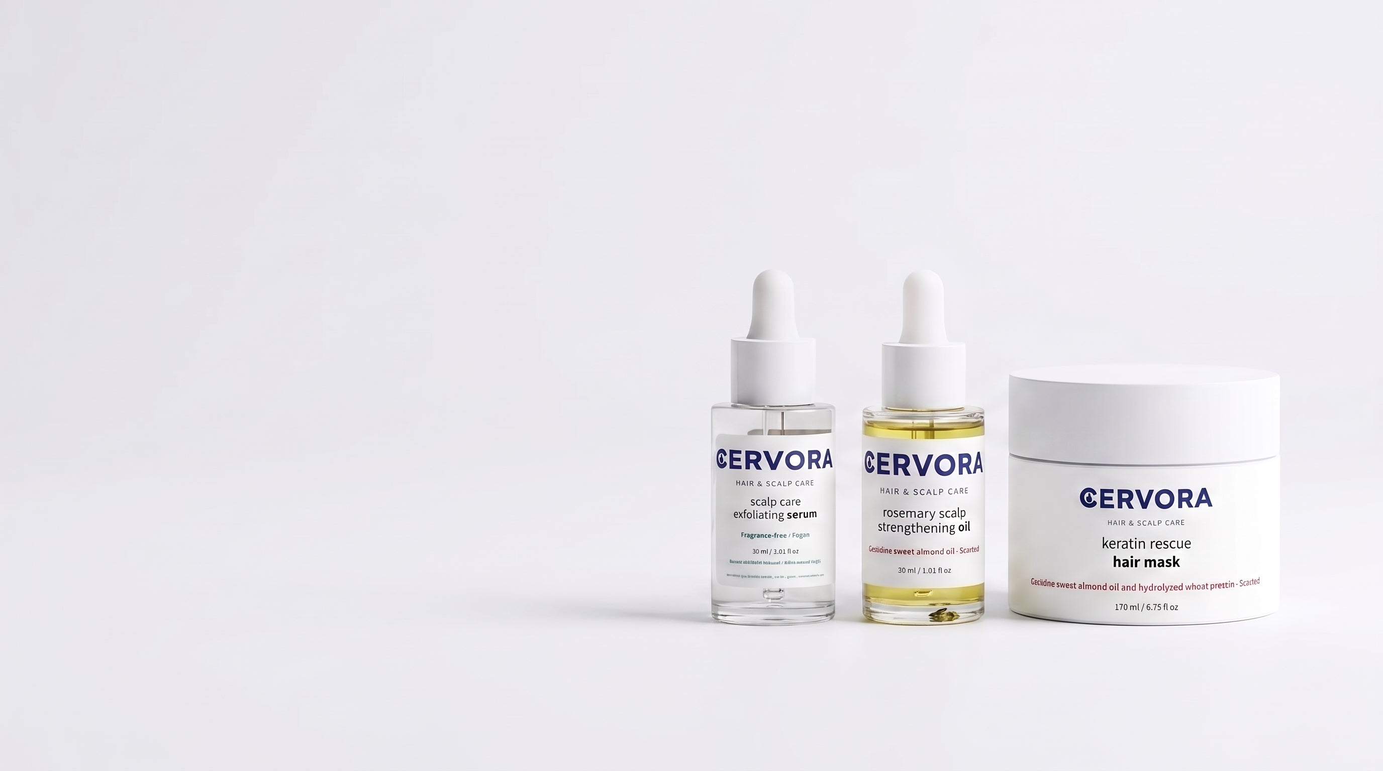 The three Cervora hair care products lined up on a clean white background: Scalp Care Exfoliating Serum, Rosemary Scalp Strengthening Oil, and Keratin Rescue Hair Mask