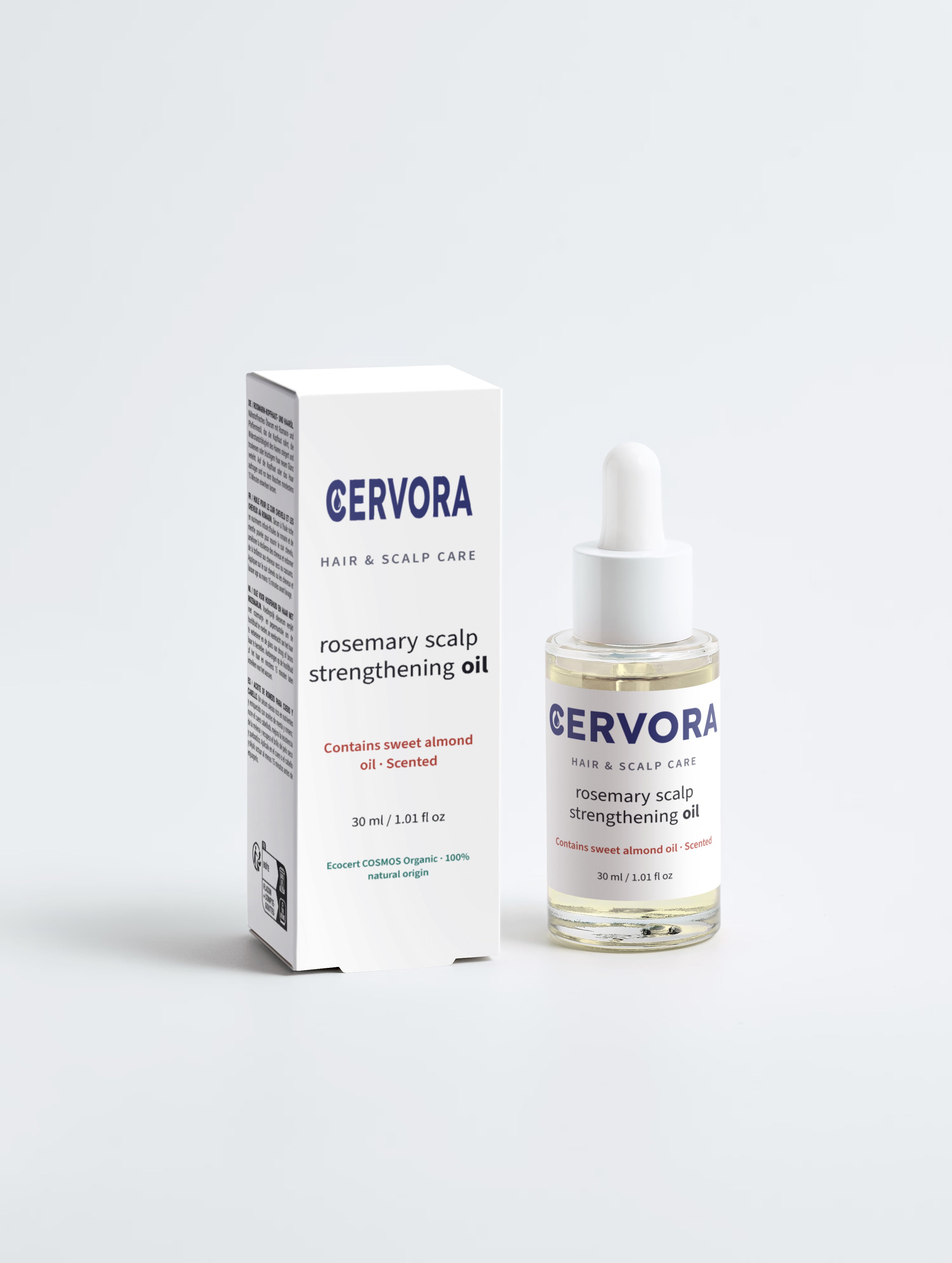 Cervora Rosemary Scalp Strengthening Oil, box and dropper bottle