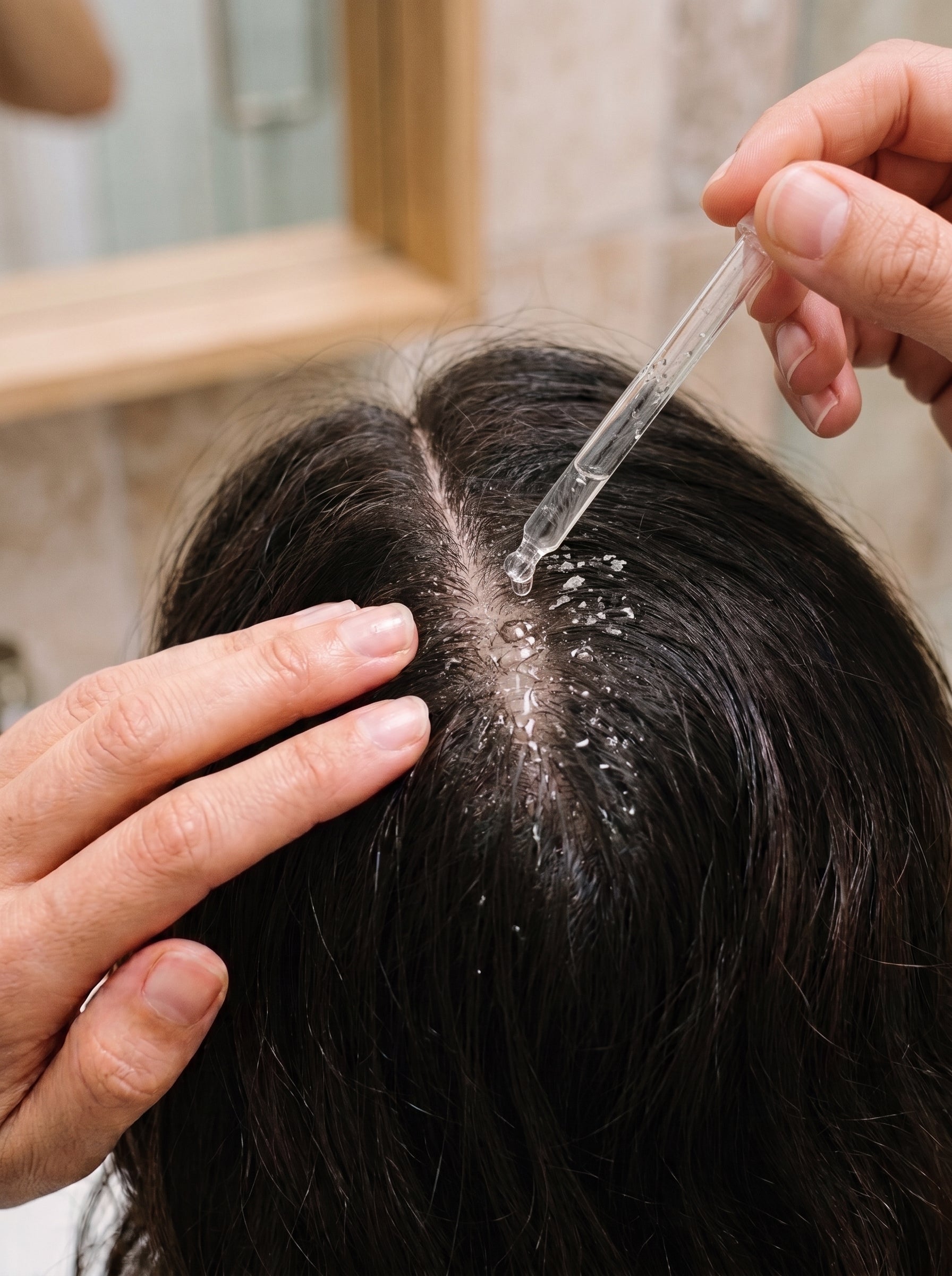 Applying Scalp Care Exfoliating Serum to the scalp with a dropper